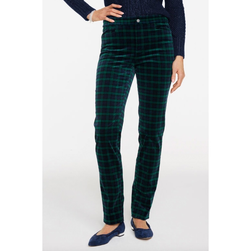 Talbots Velveteen Straight Leg Pants Green Black‎ Holiday Plaid Size 16